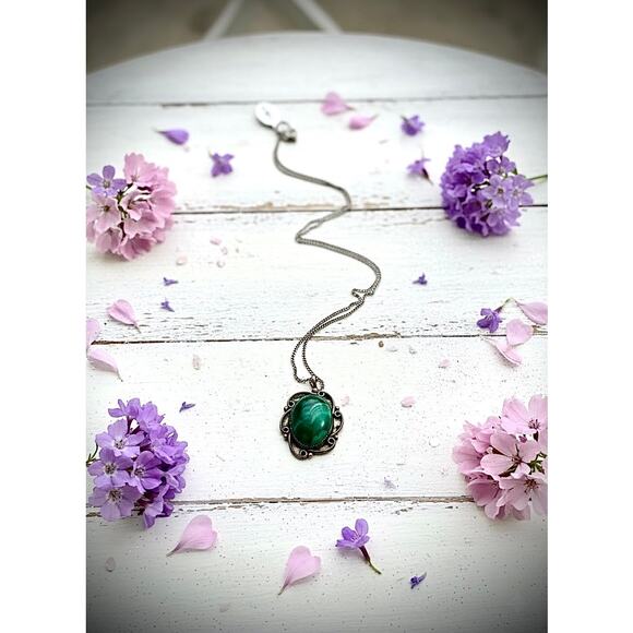 Vintage Malachite Sterling Silver Necklace Chain 20” - Picture 2 of 5